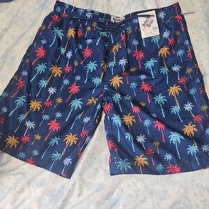 Beach Bros Navy Swim Shorts with Colorful Palm Print. Big Boys.